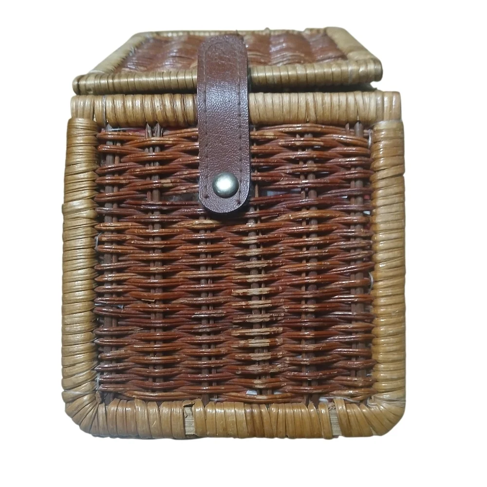 Woven Basket Wicker Leather-Look Velcro Strap Closure Red & White Polka Dot